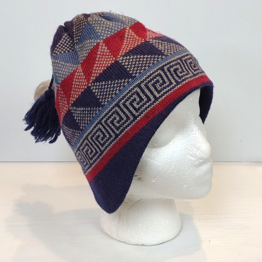 EMS Wool Geo Design Greek Key Tassel Ear Covering Fleece Inner Headband Beanie - Picture 2 of 14